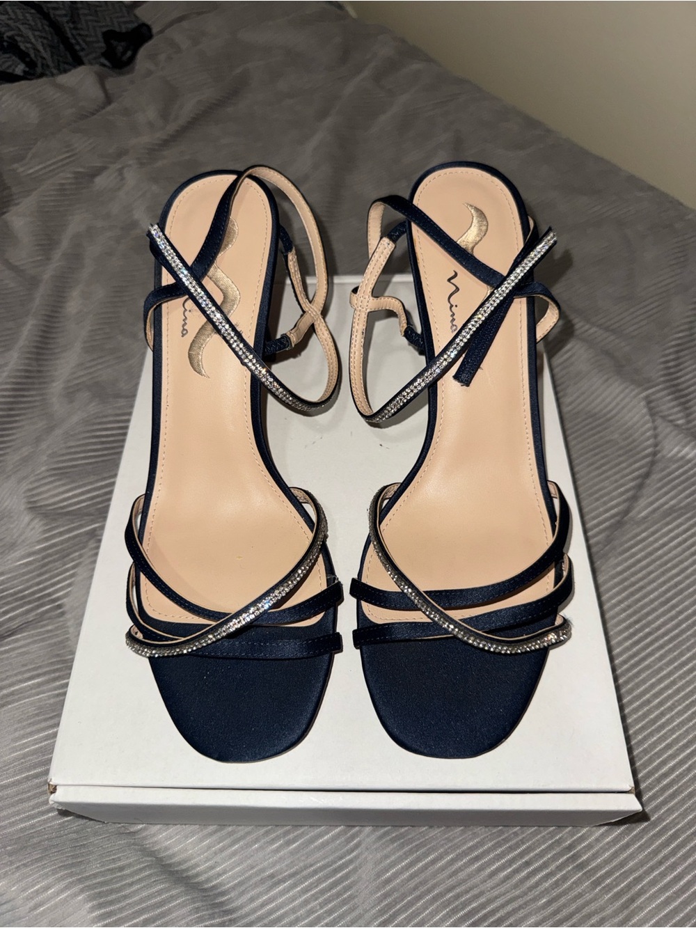 Nina Navy Rhinestone-Strap Evening Heels